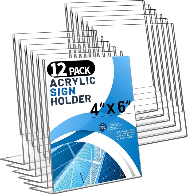 Aheroi 12Pcs Acrylic Sign Holder, 4x6 Clear Sign holders Paper Stand, L-shape Table Sign Holders Plastic Sign Holder Standing, Paper Display Stand for Menu Document Holder Office Desktop - Image 1